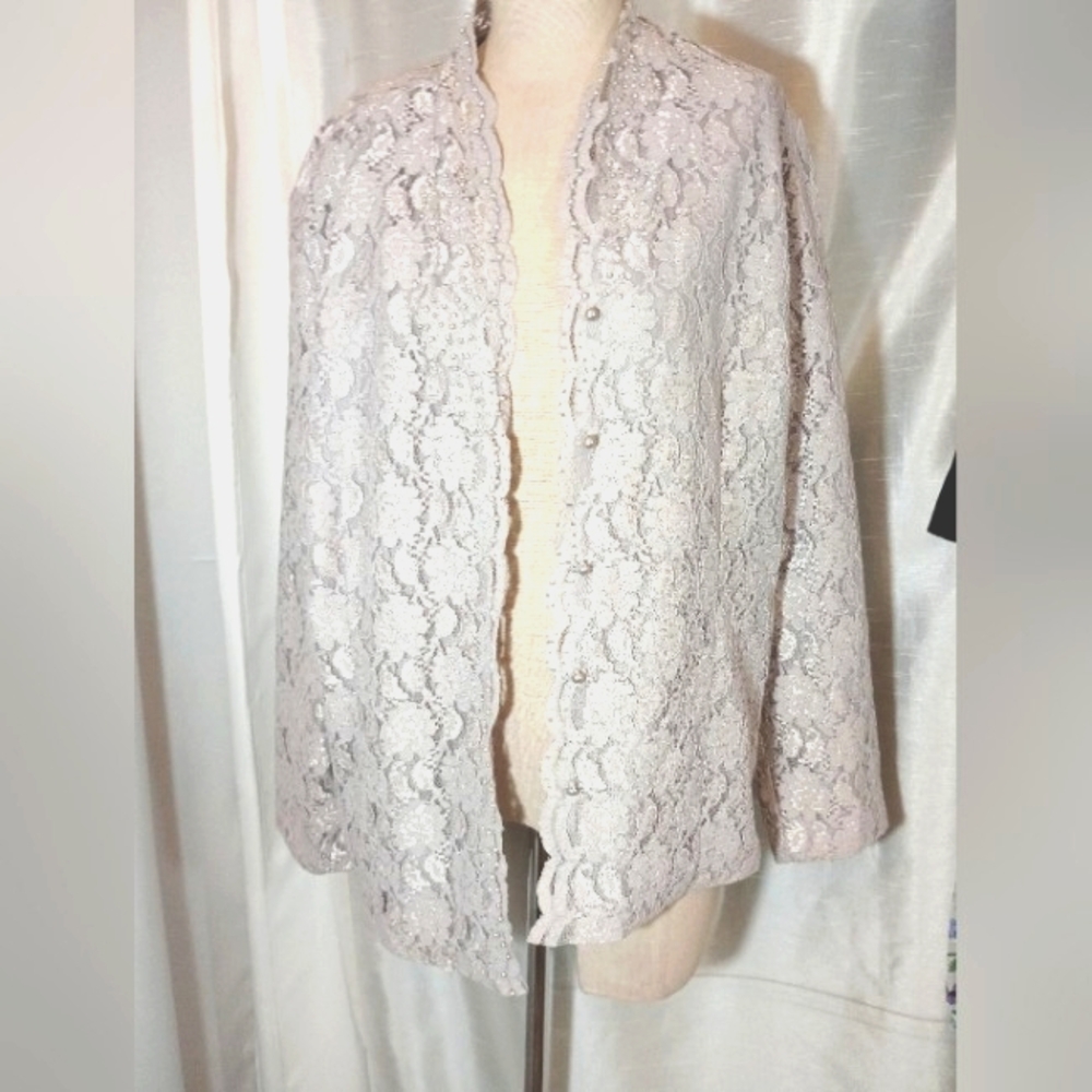Gray Lace Jacket, Karen Scott, Button Closure Pearl Beads,Lined, Long Sleeves, L